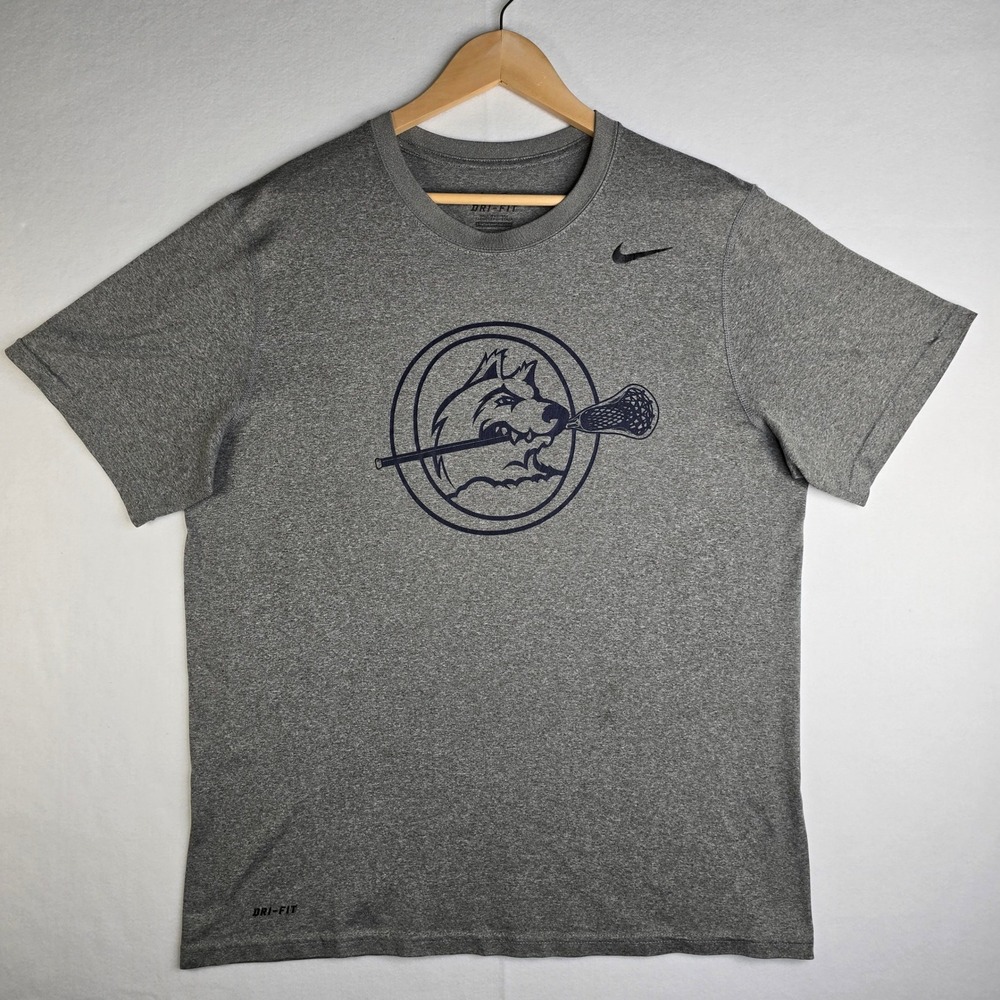 Nike Dri-FIT Mens Large Gray Lacrosse Wolf Graphic Athletic T-Shirt Short Sleeve